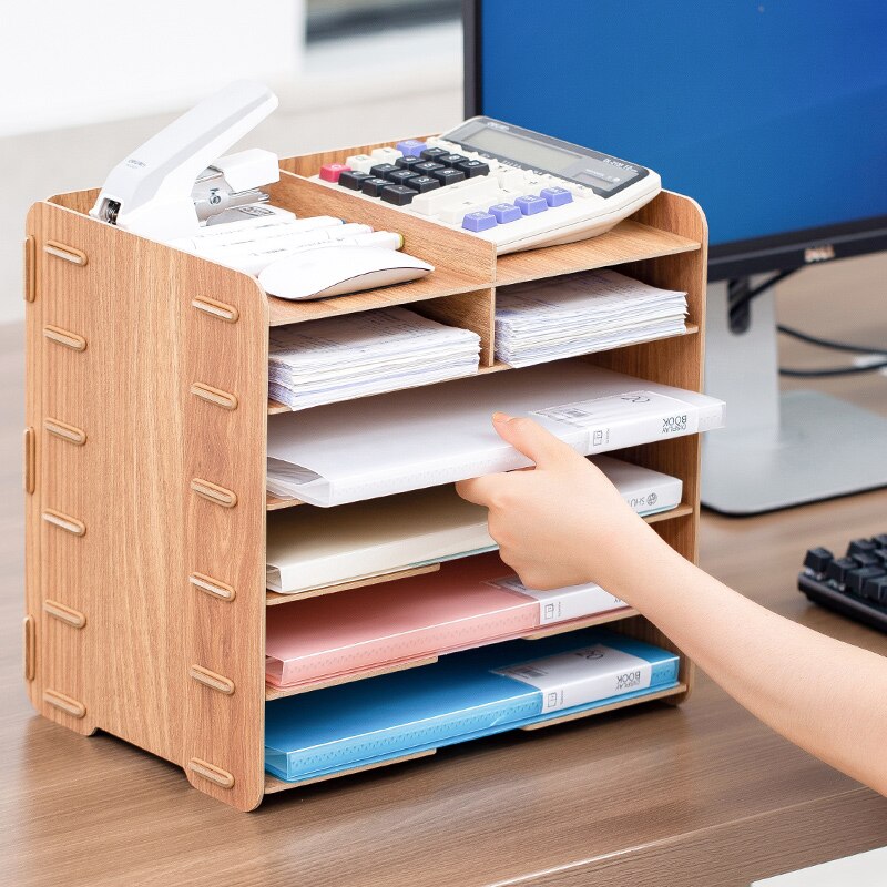Étagère de rangement de bureau multifonctionnelle, en bois , papeterie de bureau, classeur de données, organisateur simple à plusieurs niveaux