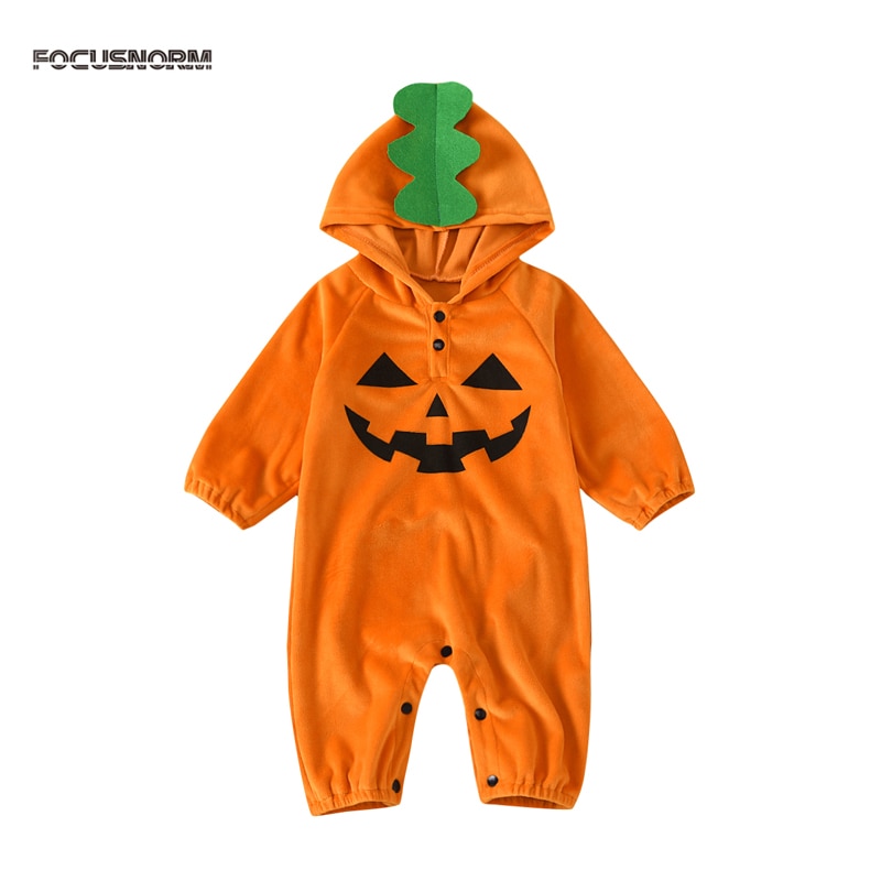 Focusnorm Halloween Custom Baby Baby Meisjes Jongens Rompertjes Pompoen Print Lange Mouwen Hooded Herfst Warm Jumpsuits