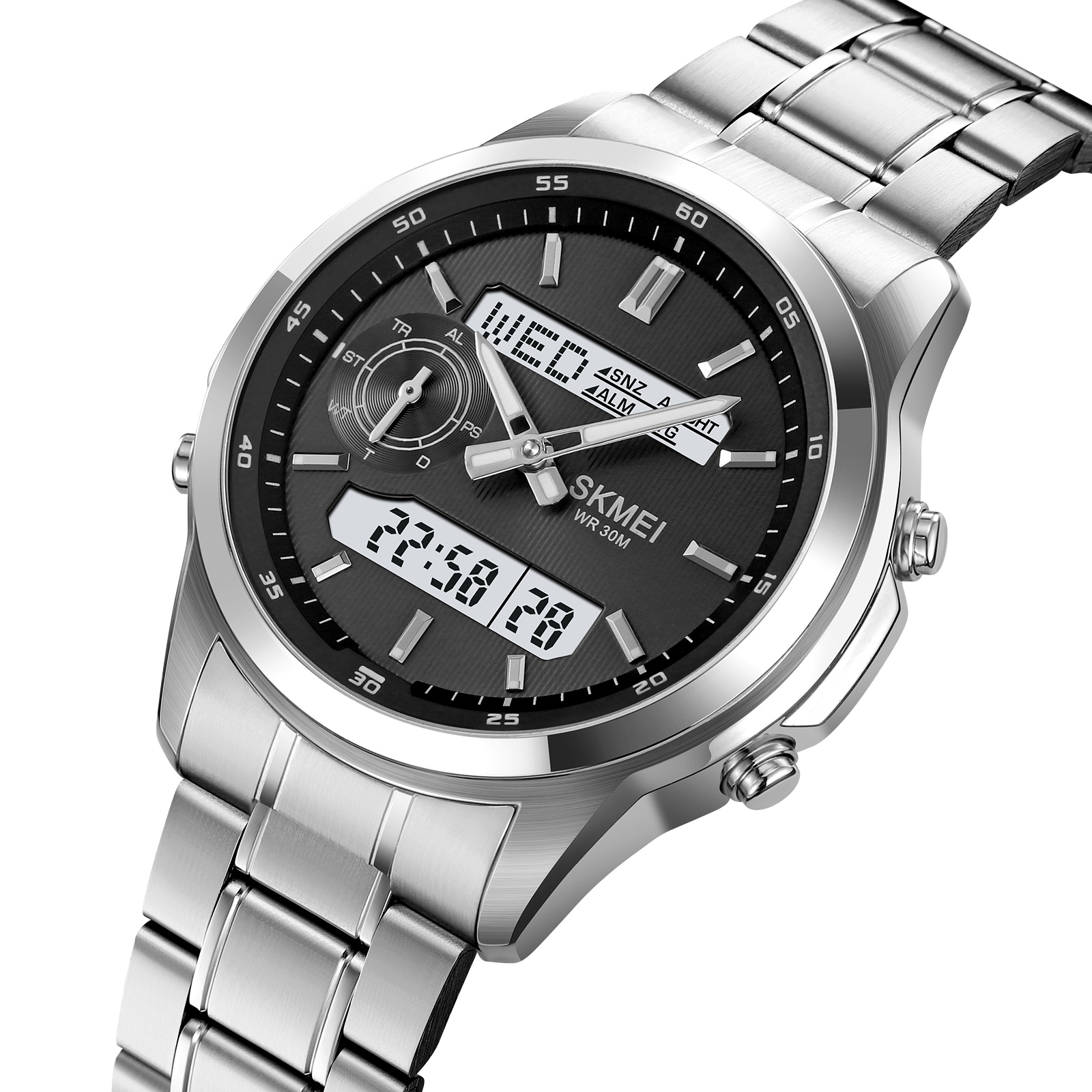 Skmei Herren-Sportuhren mit mehreren Zeitzonen, analoge Digitalanzeige, LED, wasserdicht, Quarz, elektronische Armbanduhr, 4 Wecker: Rose