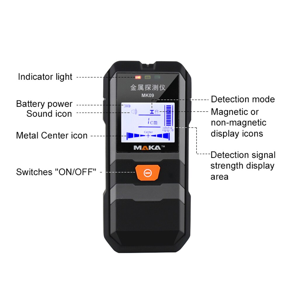MAKA MK09 LCD Backlight Display Infrared Metal Detector Metal Objects Steel Wire Copper Tube Finder Depth Tracker Wall Scanner