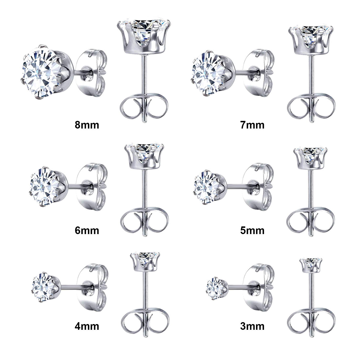LUXUSTEEL 6 Paare/einstellen CZ Ohrstecker Edelstahl rund weiß Zirkonia hypoallergen 6 Krallen Ohrring trendiger Schmuck