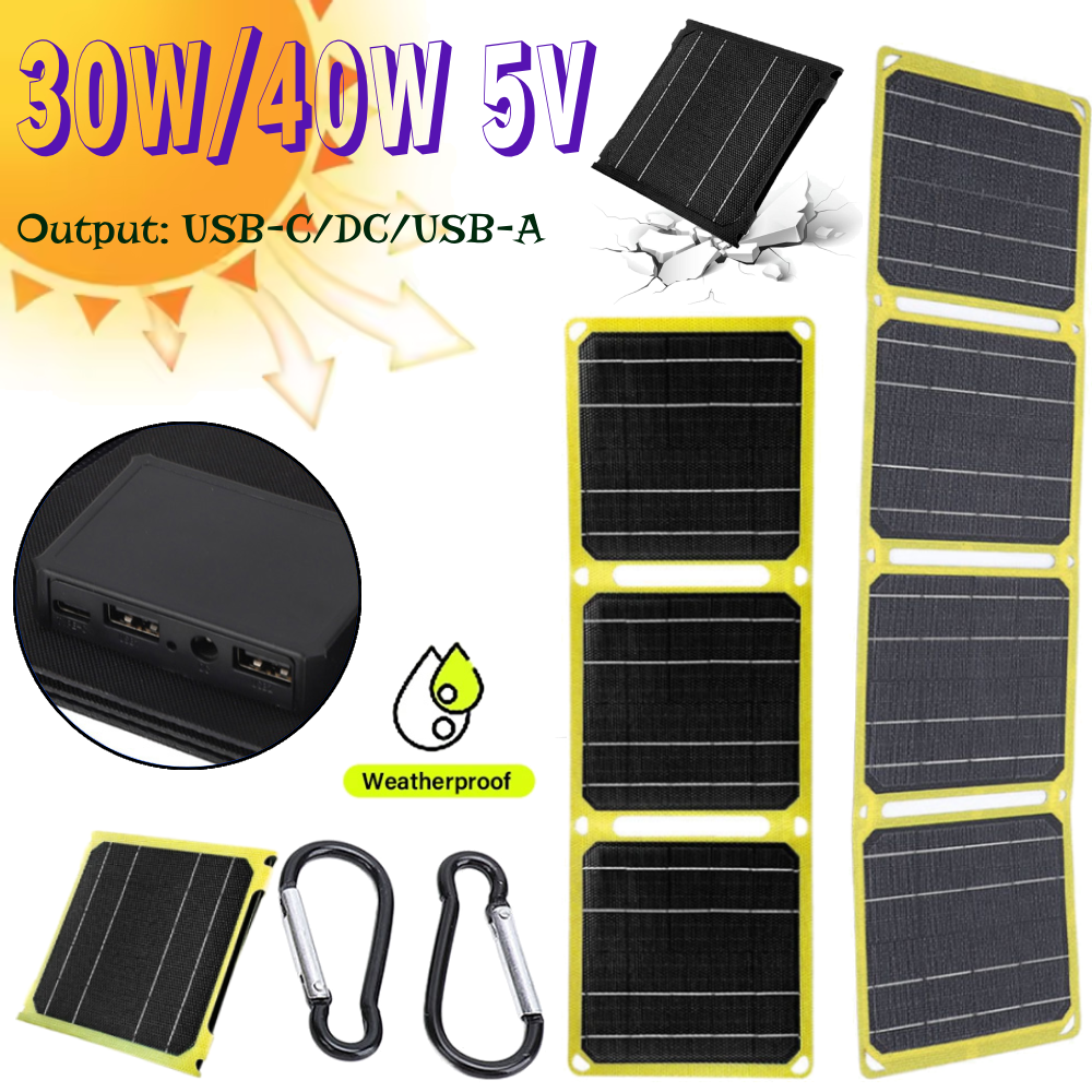 Solarpanel 30W/40W 5V USB-C/DC/USB-A Ausgang Leistungsstarkes Solarpanel für den Außenbereich PD 20W QC 3.0 5V 9V 12V Wasserdichtes Telefonladegerät