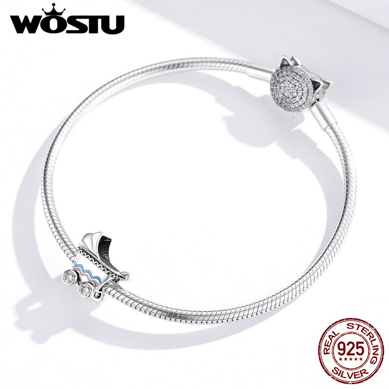 Wostu autêntico 925 prata esterlina charme carrinho de bebê contas caber encantos pulseiras originais prata 925 jóias cqc1539