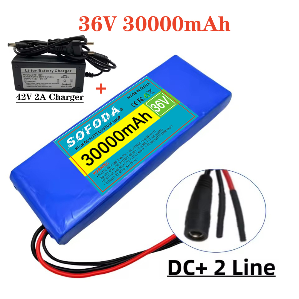 Große Kapazität 36 V 30000 mAh 10S1P 18650 Lithium-Ionen-Akku 30 Ah, mit BMS 500 W, ausgestattet mit 42 V 2 A Ladegerät: Grün