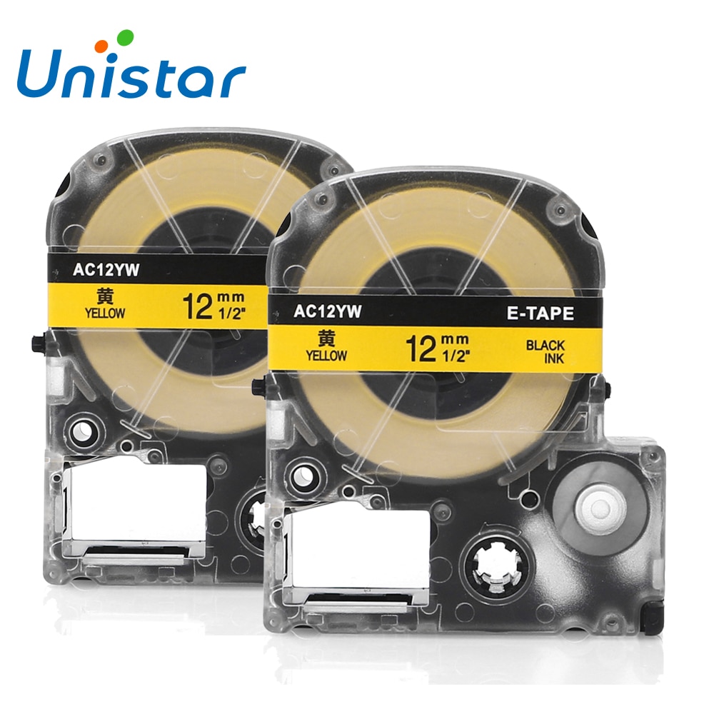 Unistar 2PCS LK-4YPB SC12YW Label Tape For Epson Printer LW-300 LW-400 Black on Yellow 12MM Labels for Epson Printer