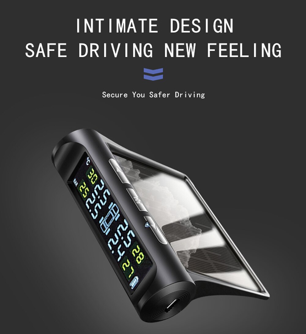 Voice Announcements LCD Tire Pressure Alarm Monitoring System Tyre Temperature Warning Digiral Smart Car TMPS USB & Solar Power