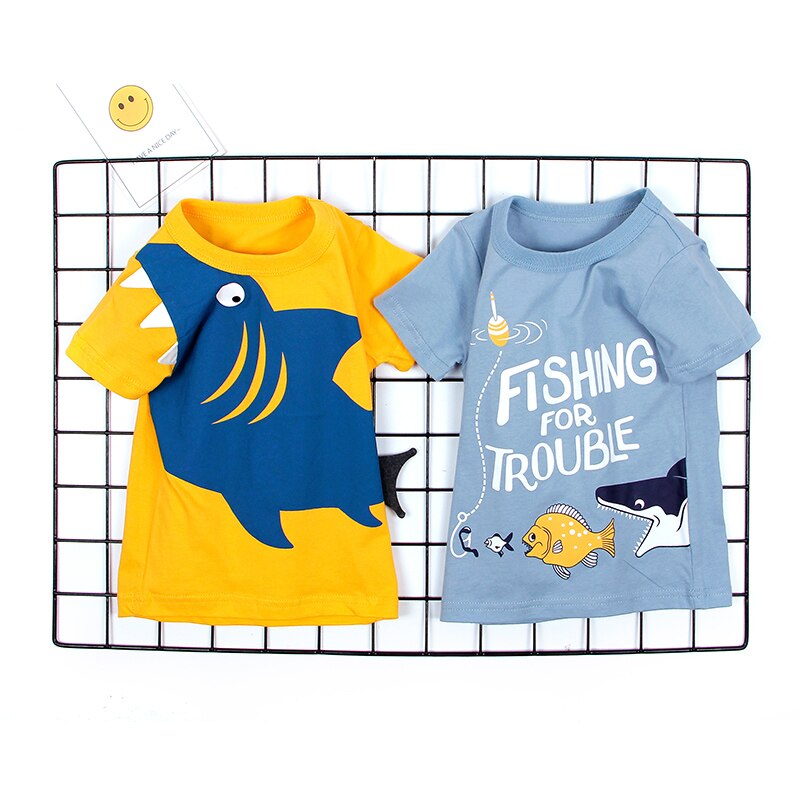 T-shirts T-Shirt garçons vêtements bébé-garçons enfants dessin animé vêtements d'extérieur hauts voiture-impression coton pour enfants requin imprimé été enfant en bas âge