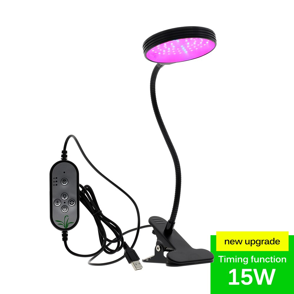Luz LED de cultivo con Clip Flexible de 360 grados, fuente de alimentación USB, luz LED de escritorio para crecimiento de plantas.: 15W