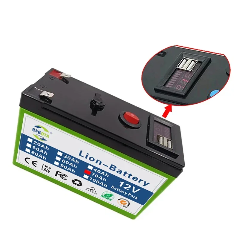 12V Battery Pack 70Ah LiFePO4 Lithium Battery 12V Portable Rechargeable Battery Built-in 5V 2.1A Usb Power Display Port Charging