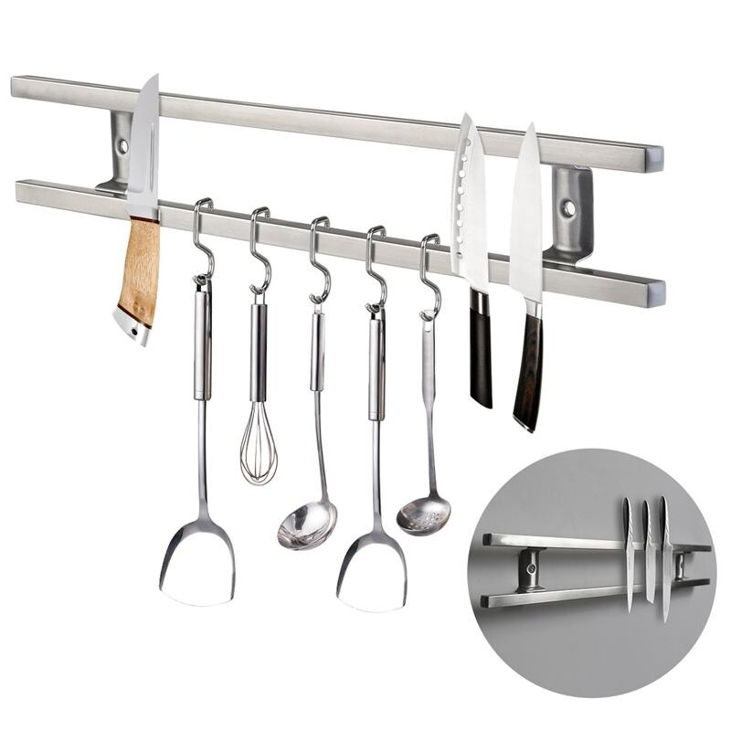 Soporte magnético de acero inoxidable 304 para cuchillos, barra doble de almacenamiento fácil, tira de estante para utensilios de cocina, gancho para herramientas, montado en la pared