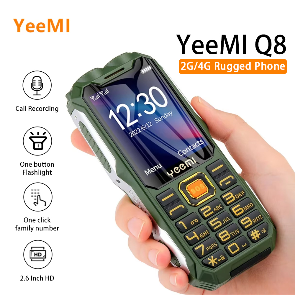 Yeemi q8 2g/4g telefone robusto à prova d' água telefones 2.6 "hd luz led 16800mah bateria grande alto-falante celular para idosos sos