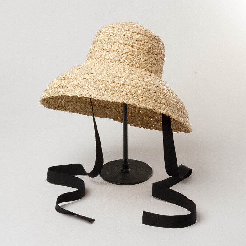 Sommarhattar för kvinnor retro platt hängande hatt brätte handgjord raffia stråhatt dam utomhus solskydd strand halmhatt: Svart rem