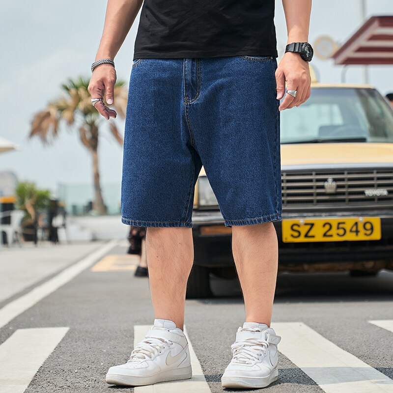 Grande Taille 44 46 48 d'été Couleur Unie Hommes Vêtements Denim Shorts Droits Lâche Respirant Confortable Jeans Cinq Points Pantalons: Navy blue / 46