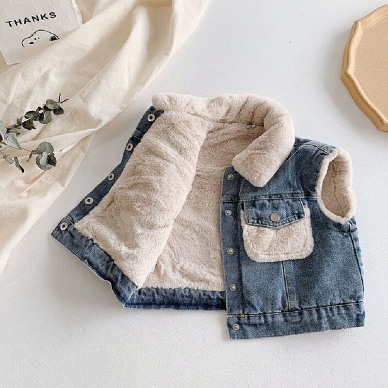 Neue Denim Art Weste Winter Mäntel Warme Vlies Baby Mädchen Jungen Weste freundlicher Outfits freundlicher Oberbekleidung Für 70-140cm