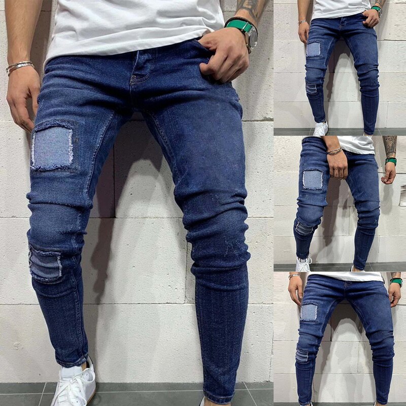 Men's Silm Fit Denim Pants Solid Color Pants Flexible Jeans Men's Jeans with Pockets