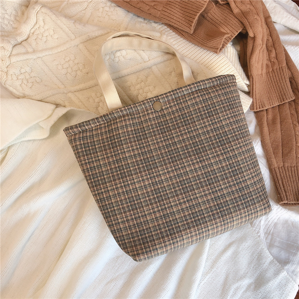 Cotton Fabric Lunch Bag Plaid Small Handbag Portable Food Picnic Bag Women Kids School Lunch Bags Ladies Little Tote Shopping: light brown