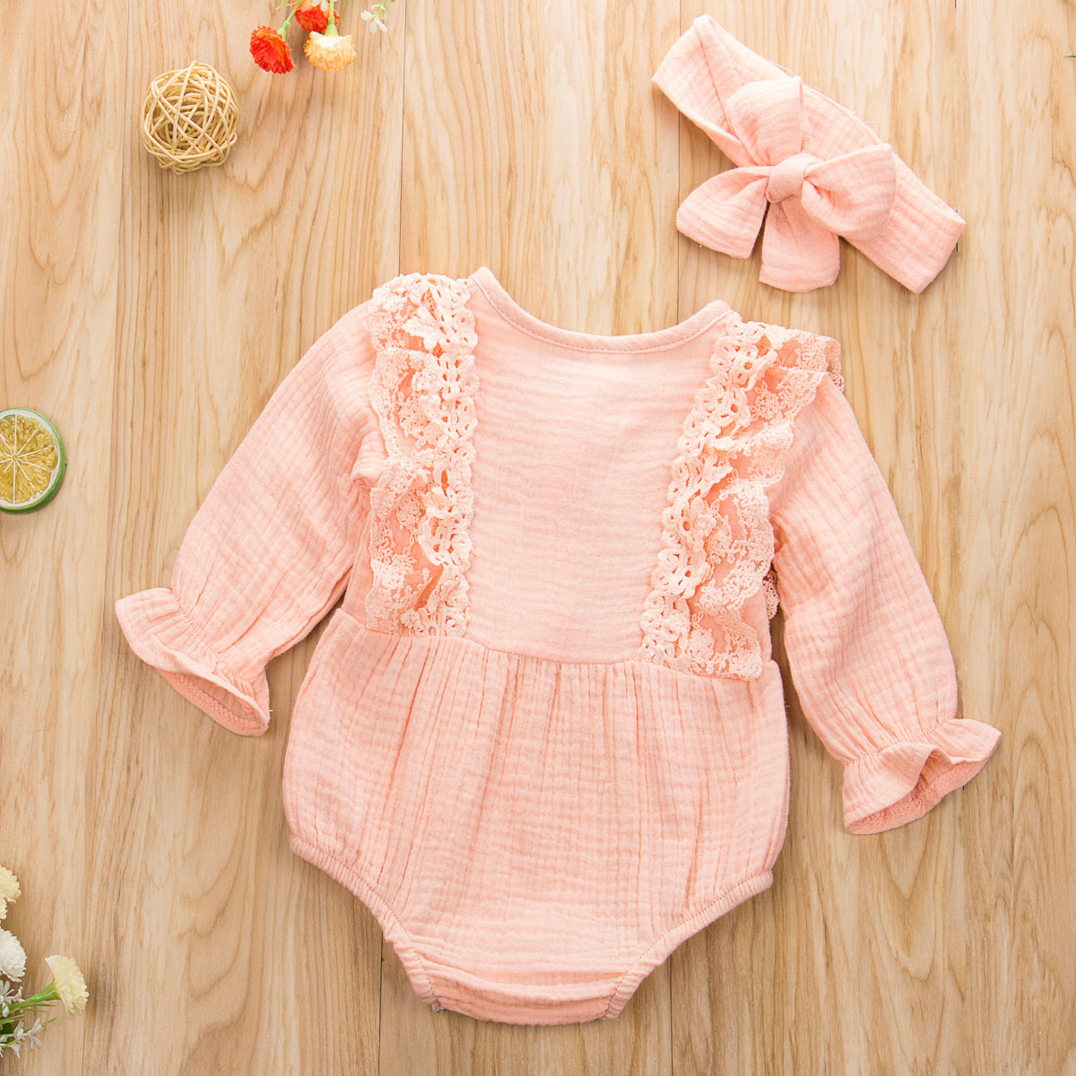 Pudcoco Pasgeboren Baby Meisje Kleding Effen Kleur Kant Ruche Lange Mouw Kinnted Katoen Romper Jumpsuit Hoofdband 2 Stuks Outfits Set