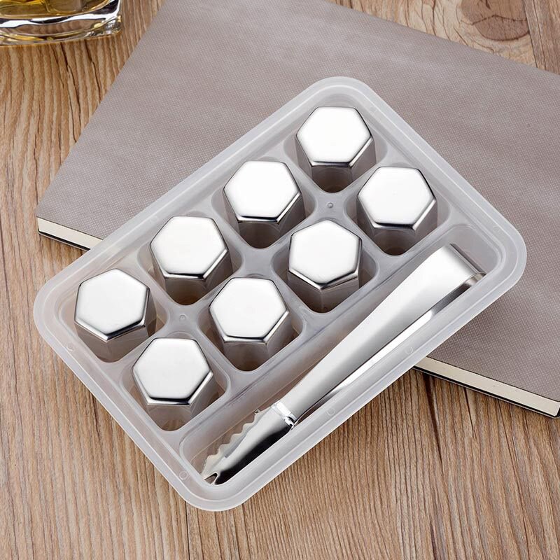 1impostato pietra in acciaio inossidabile per Whisky 6/8 pietre di Whisky cubetti di ghiaccio cubo ecologico birra refrigeratore sbarra pietre per refrigeratori di vino: 8pezzi e 1pliers