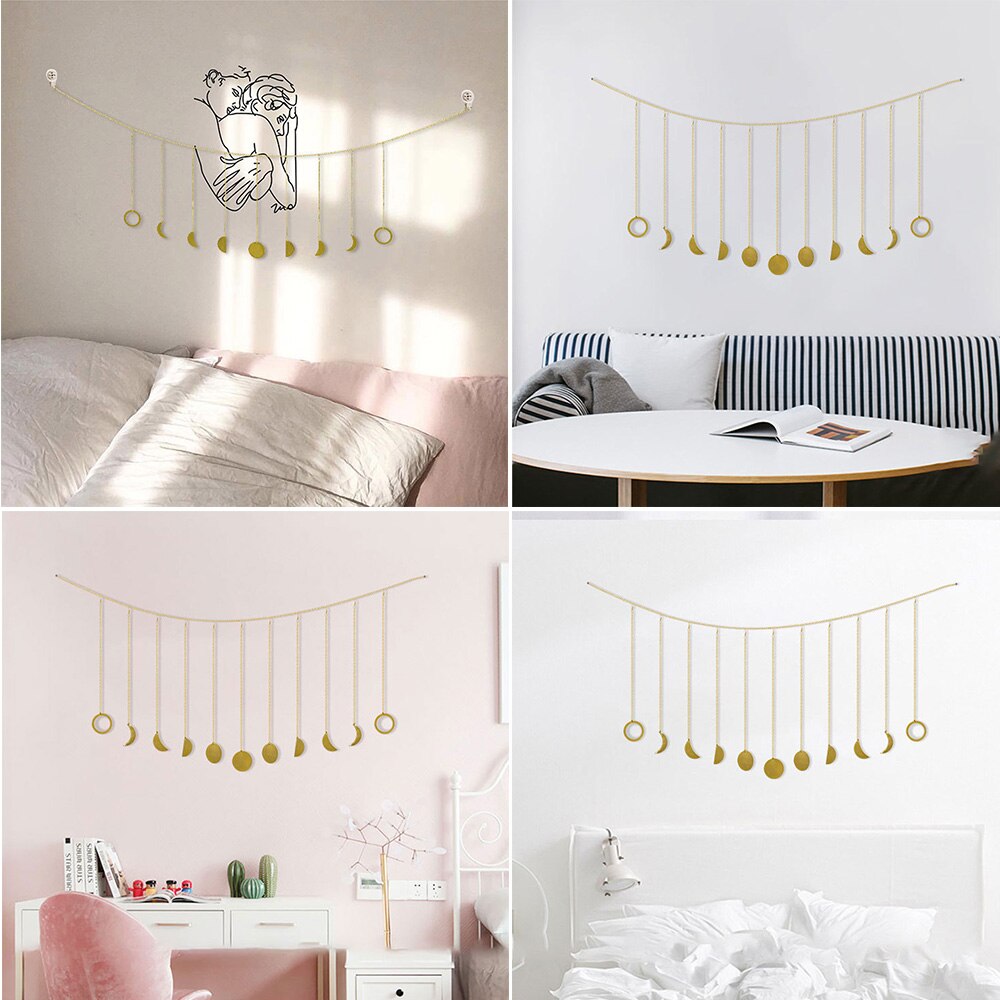 Metal måne solfase display dekoration gyldne måne hængende ornament kæder til soveværelse stue baggrund væg decro
