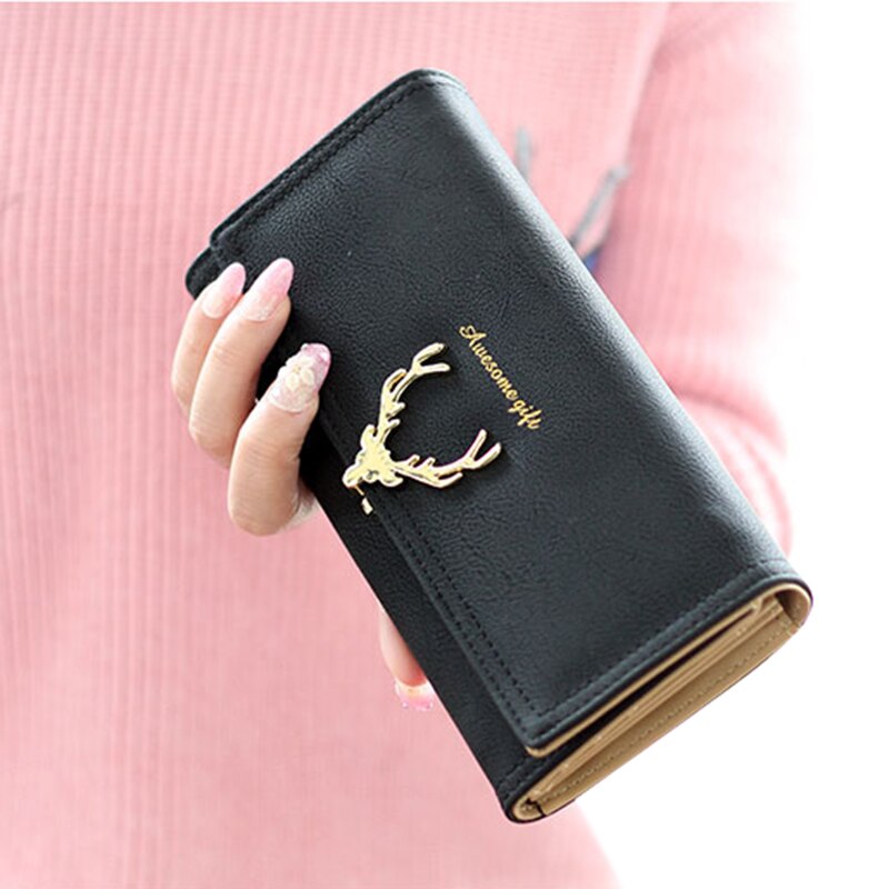 Hjorte dame lang pung frisk pu læder mønt pung dame kortholder multifunktion kvinde mini telefon clutch taske: Sort