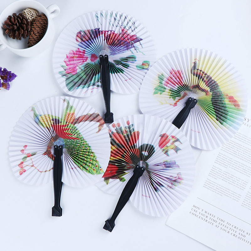 Pocket Folding Hand Fan Round Circle Printed Paper Party Decor Decorative Fan Chic Female Handheld Fan Chinese