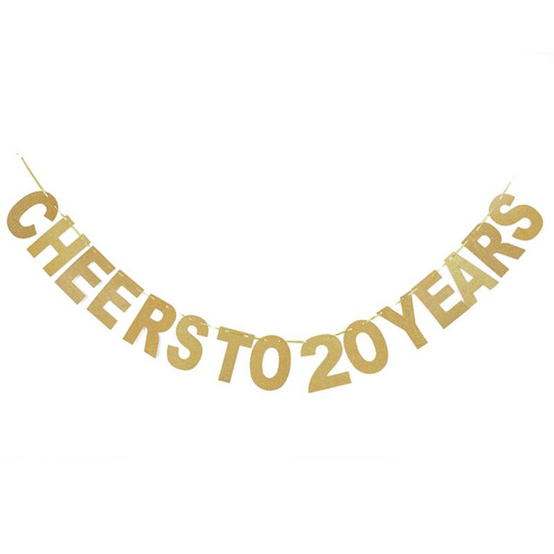 Gold Glitter Banner "cheers to 10/20/30/40/50/60/70/80/90 years" Garland Birthday Wedding Anniversary Party Celebration Supplies: 20