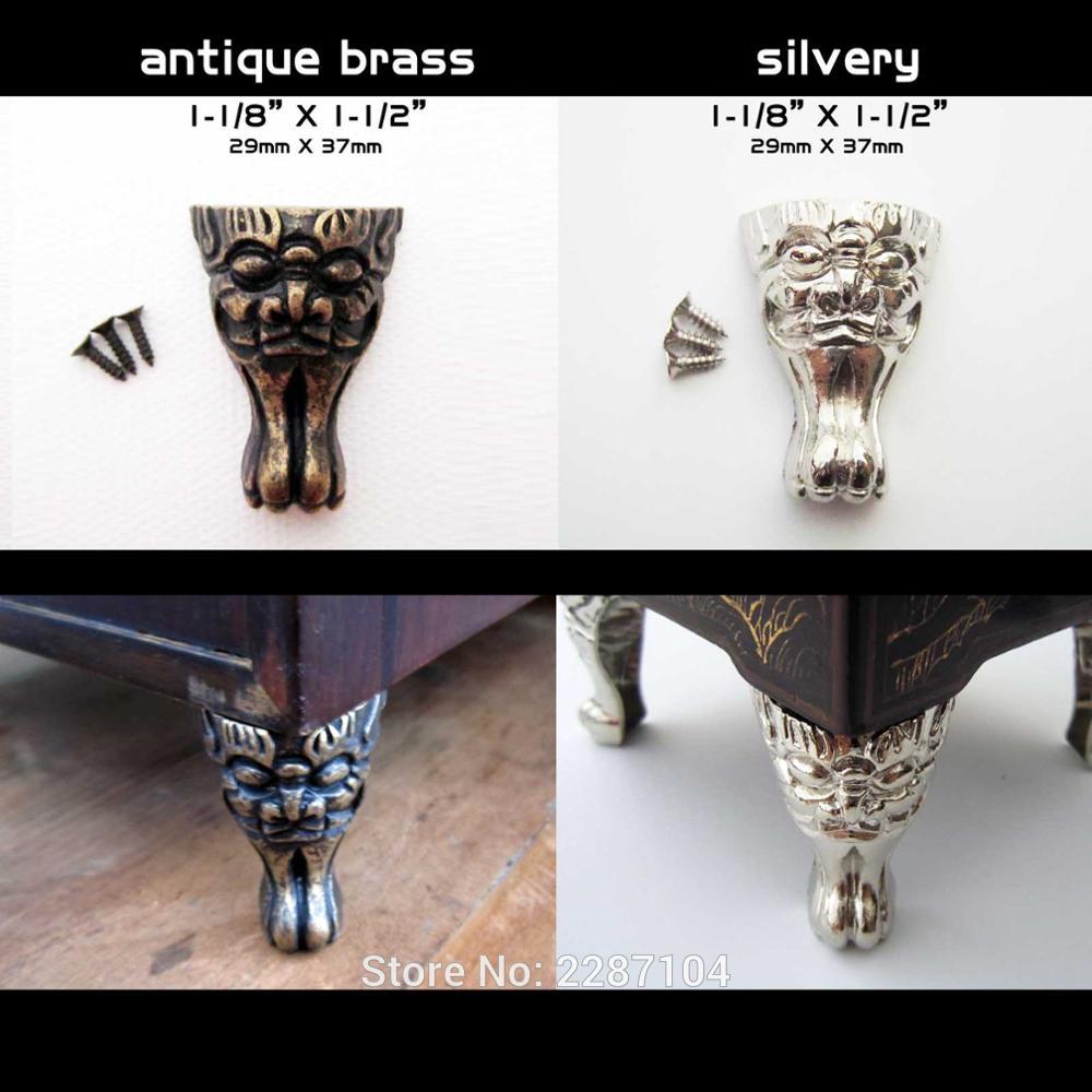 4 stk dekorative antik messing sølvfarvet vintage ansigt gepard kat smykker kiste æske træ etui fødder ben hjørne beskytter
