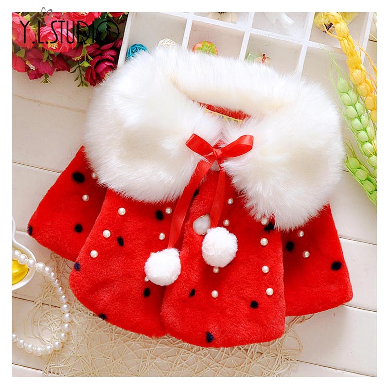 Winter peuter meisjes mantel cape jas dikke warme imitatiebontjas schattige stippen bal strik baby bovenkleding kindermeisjeskleding