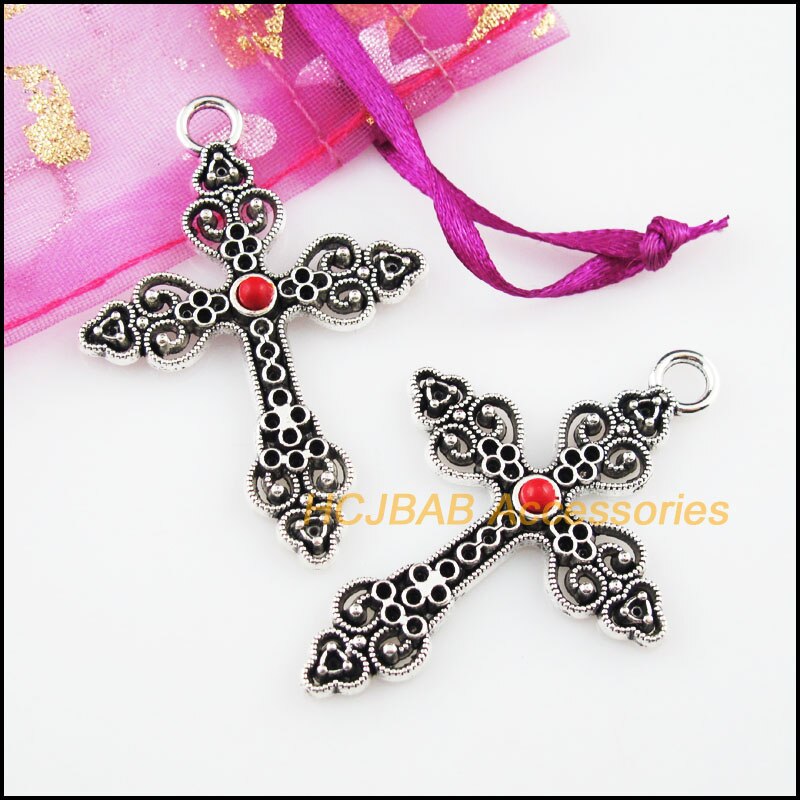 5 Hart Kruis Charms Tibetaans Zilveren Kleur Red Stone Hangers 34.5x50mm