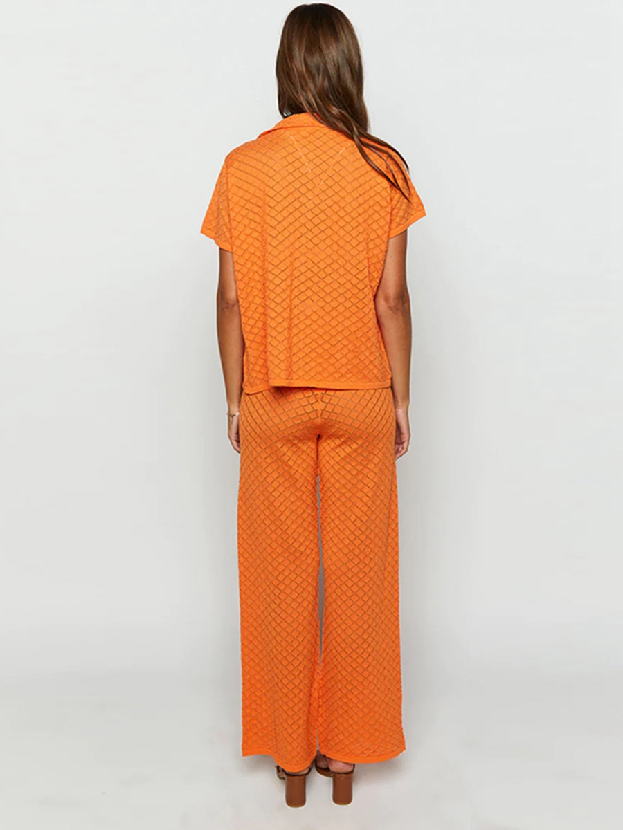 Dame s 2- delt striksæt med reversudskæring, korte ærmer, toppe med knapper + elastisk talje, vide ben, ensfarvet, outfits orange