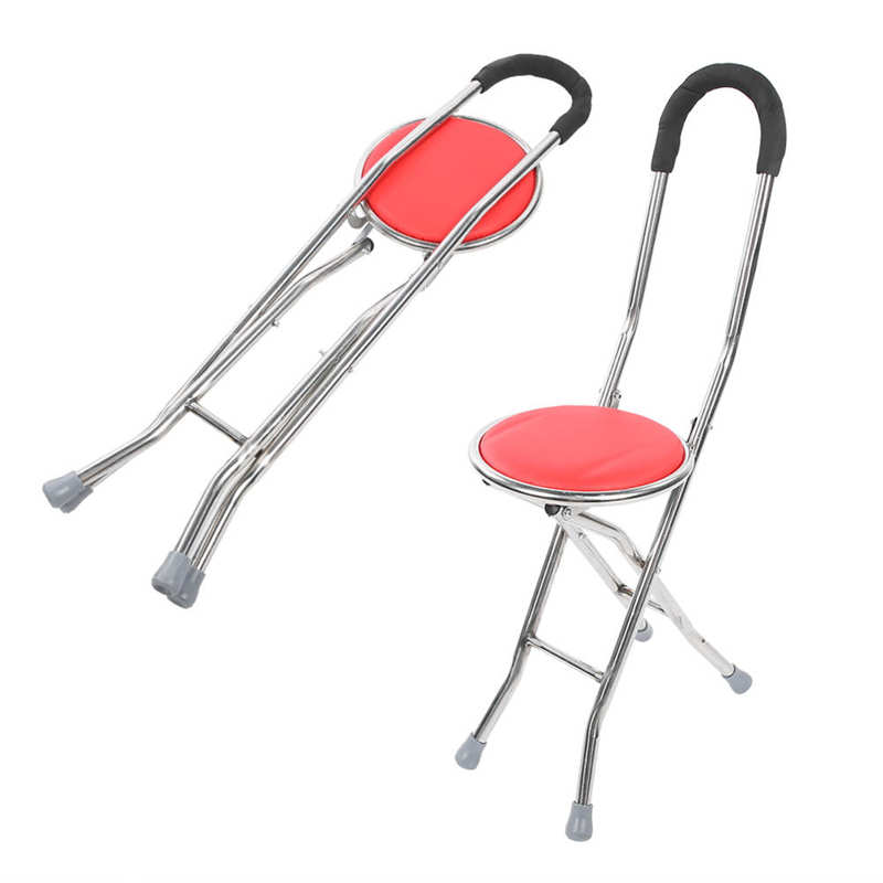 Non-Slip Folding Walking Cane Stool 1mm Thickness Stainless Steel Round Stool Elderly Walking Cane Red Mobility Aids