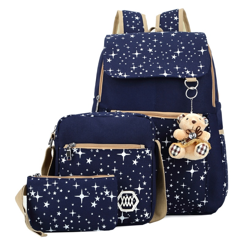 3 stk / sæt kvinder rygsæk skoletasker stjerne udskrivning søde rygsække med bjørn til teenagere piger rejsetaske rygsække mochila