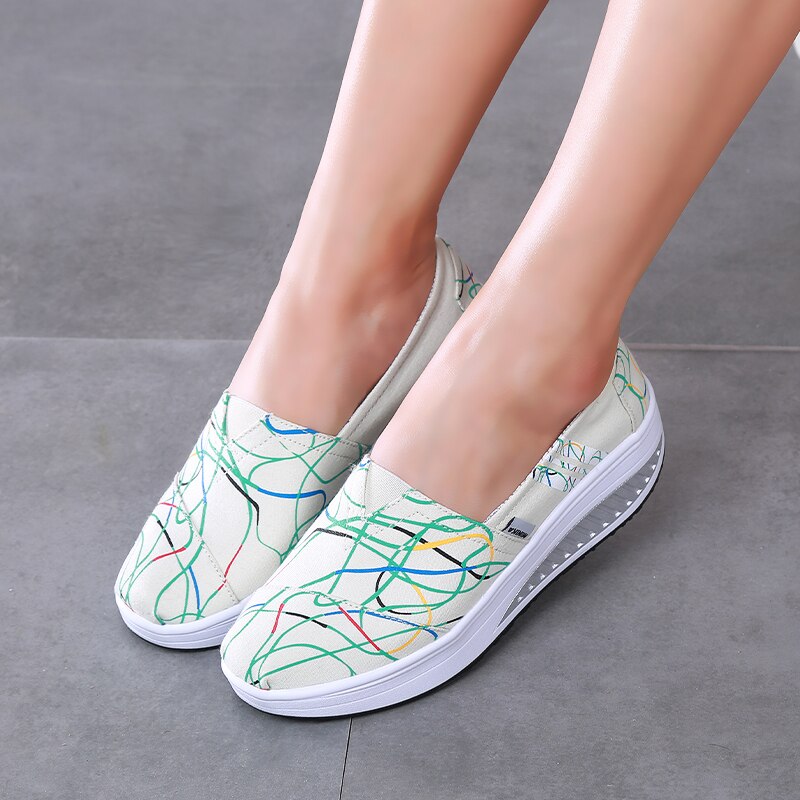 Women Breathable Canvas Shoes Slip On Summer Platforms Wedges Height Increasing Slimming Toning Walking Swing Shoes