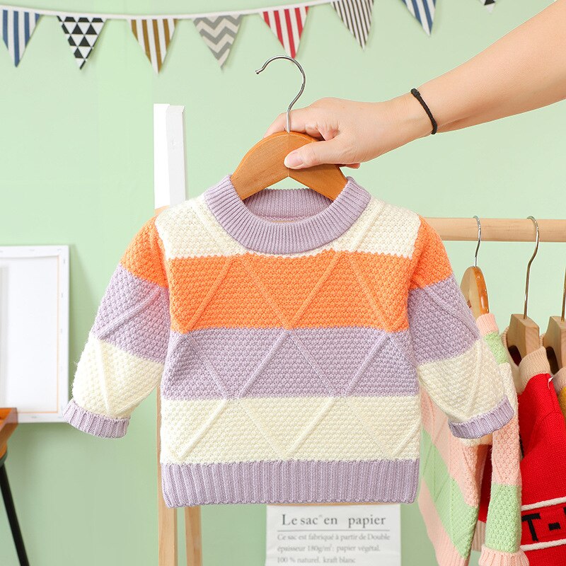 Mode Kleuraanpassing Trui Unisex 1-5Years Kids Gebreide Trui Peuter Jongen Meisje Winter Warm Kleding Tops Thicken Casual: purple / 4T