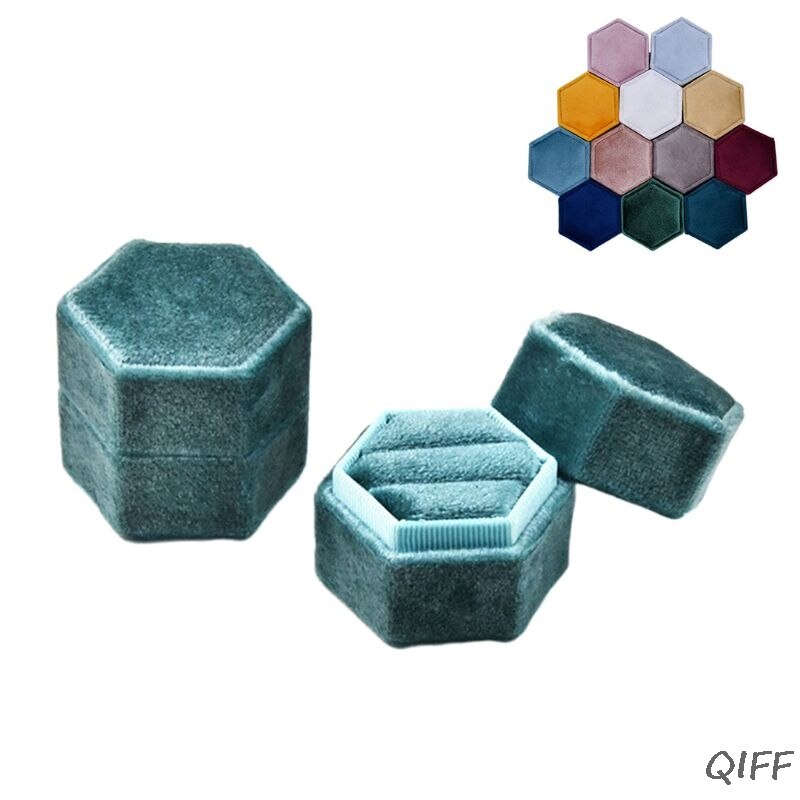 Velvet Double Ring Box Hexagon Wedding Ceremony Ring Box for proposal, engagement, wedding with Detachable Lid: C