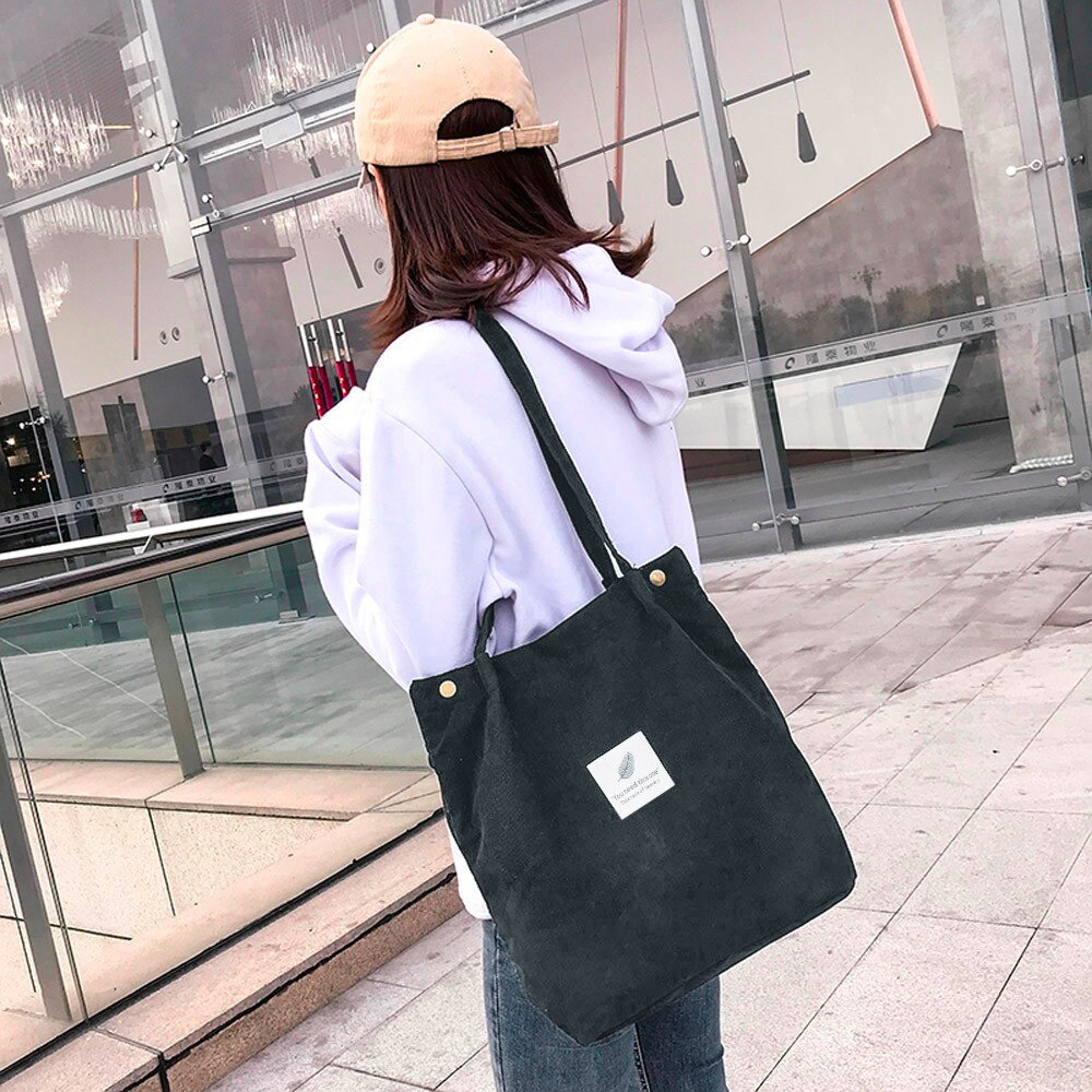 Women Corduroy Pure Color Shoulder Bag Satchel Tote Hand Bag Travel Bag Reusable Foldable Eco Grocery Totes Female