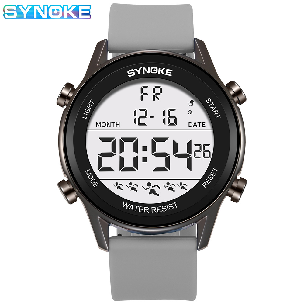 SYNOKE-Reloj de silicona para hombre, cronógrafo multifuncional, resistente al agua, pantalla grande, luminoso, LED, Digital, para deportes al aire libre: Grey