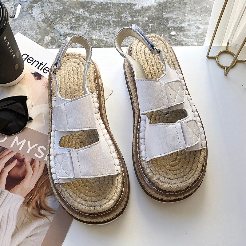 YEELOCA Sommer Neue Leinen Einlegesohle Offene spitze Leder Sandalen Hanf Plattform Sandalen Frauen Schuhe Fischer Haken & Schleife alias Mujer: weiß / 37