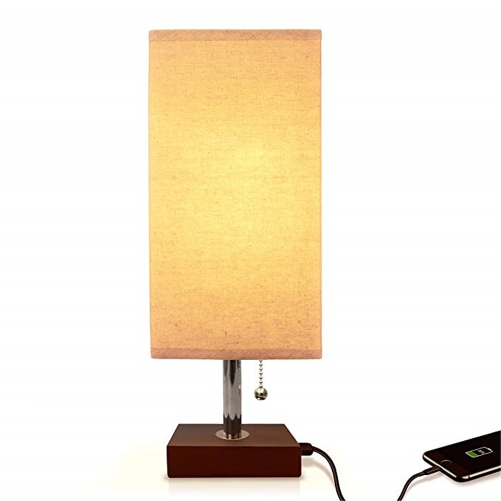 USB Tafellamp, Moderne Nachtkastje Lampen met Usb-poort Opladen, houten Zwarte Basis Stof Schaduw Nachtkastje Tafel Lampen