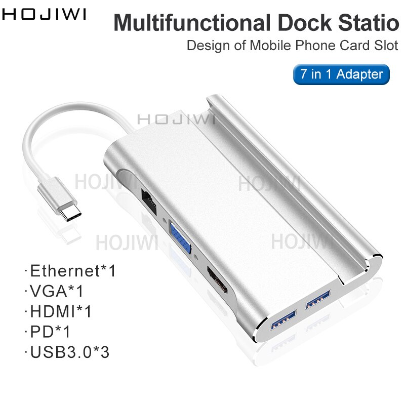 HOJIWI-concentrador tipo C 7 en 1, adaptador de USB-C a HDMI, 4K, VGA, soporte de teléfono móvil, Hub USB 3,0, para MacBook Pro AIR, huawei mate AA04