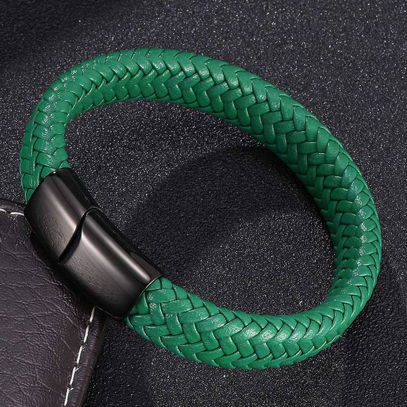 Pulsera de cuero trenzado verde para hombre, joyería masculina de acero inoxidable, Cierre magnético, Pulseras de , accesorios SP0016