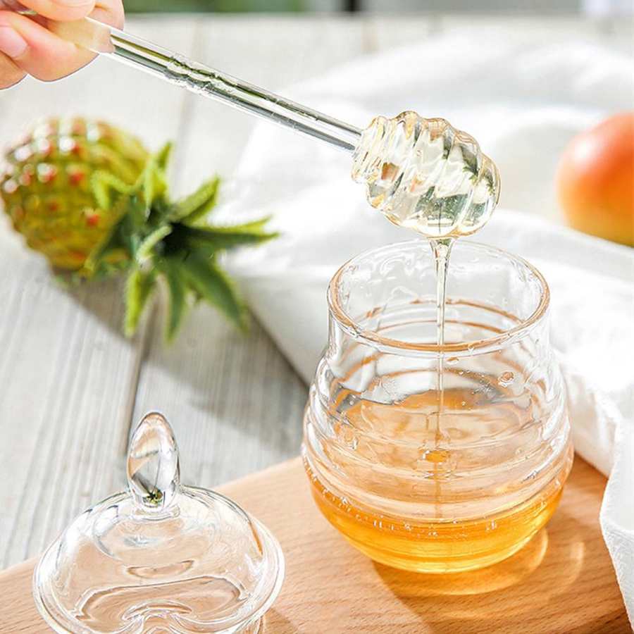 245ml Honey Transparent Beehive shaped Honey Jar with Dripper Stick for Storing and Dispensing Honey Lid Transparent Honey Pot