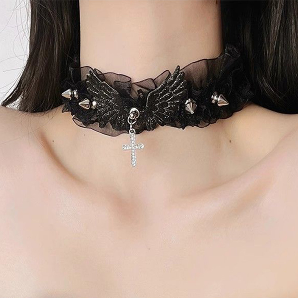 Hul sort/hvid blonde choker halskæde kors bling engel vinge nitte chokers vintage punk gotisk smykker goth halskæde til kvinder