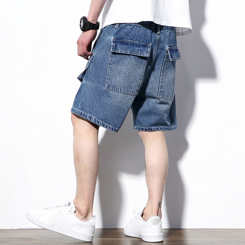 Summer Men&#39;s Denim Shorts Big Size Multi Pocket Casual Loose Japanese Jean Short Male Brand Cargo Shorts For Men Blue