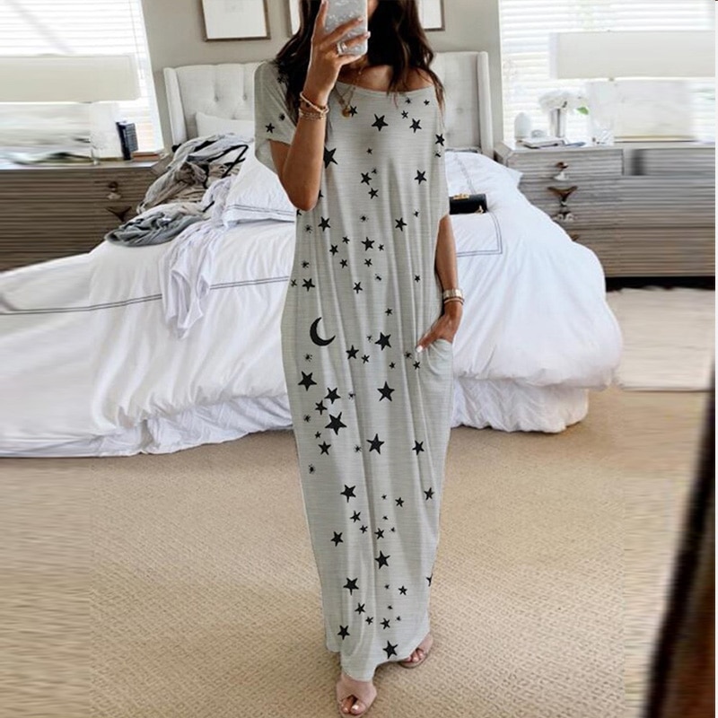 Hors épaule étoile imprimé femmes robe de nuit O cou manches courtes poche ample femme robes longues été dames Homewear