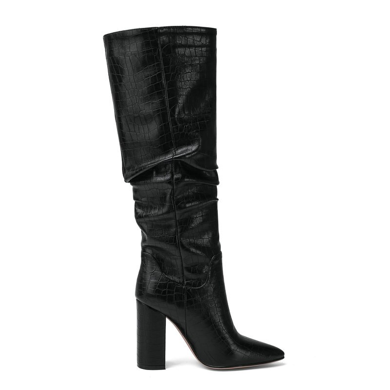 Bottes de créateur Faux cuir à talons hauts pour femmes, chaussures de créateur à bout pointu plissées, bloc épais, longues, hiver