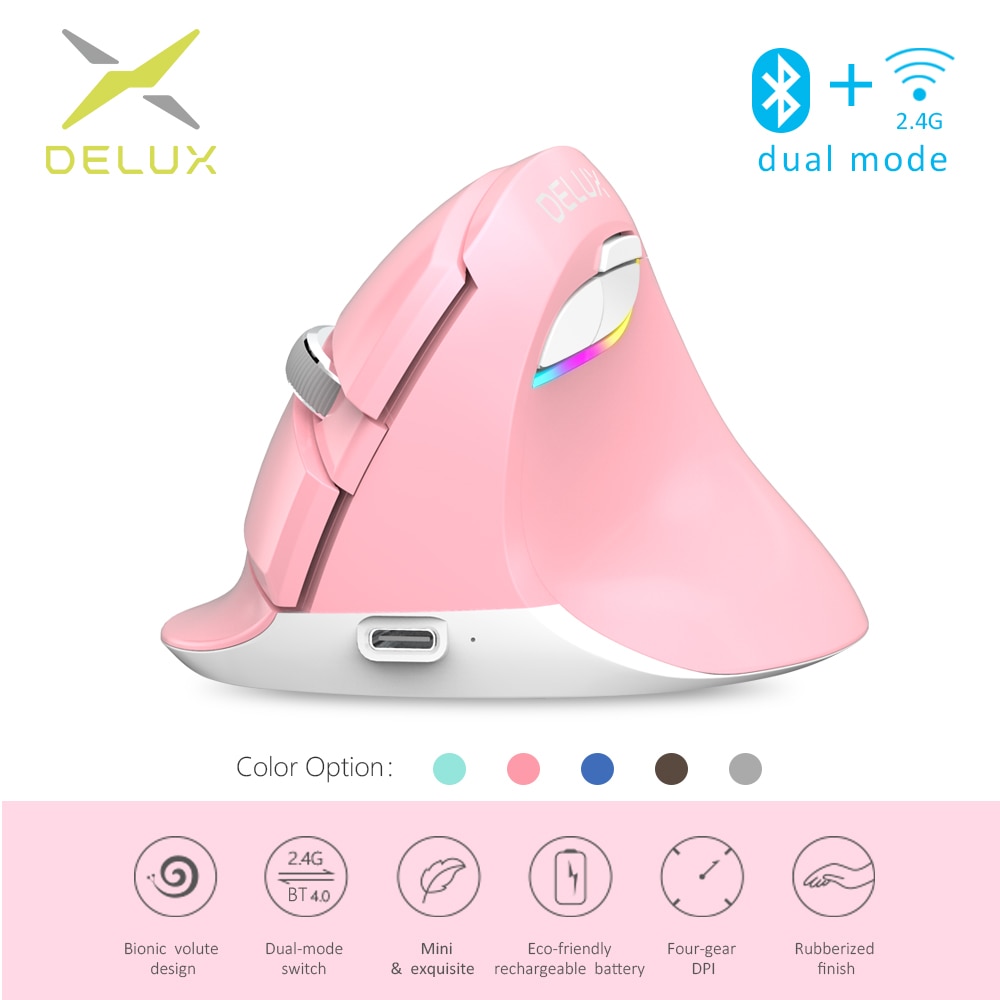 Delux M618 Mini BT+USB Wireless Mouse Silent Click RGB Ergonomic Rechargeable Vertical Computer Mice for Small hand Users