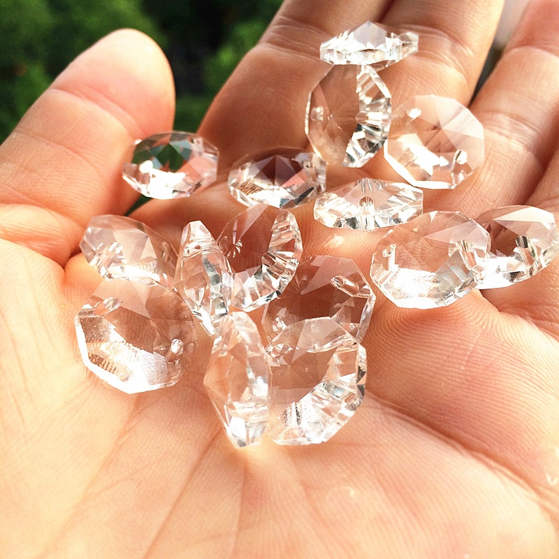 Top 14Mm Clear 200Pcs K9 Kristal Achthoek Kralen In 2 Gaten Diy Bruiloft &amp; Woondecoratie Glas accessoires Kroonluchter Onderdelen