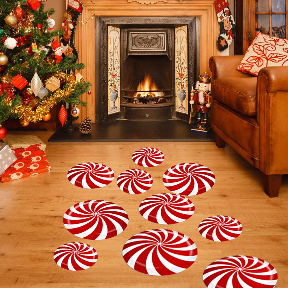 12 Pieces Wall Stickers, Candy PVC Stickers Christmas Floor Decals Wall Posters for Home Office, Red Year