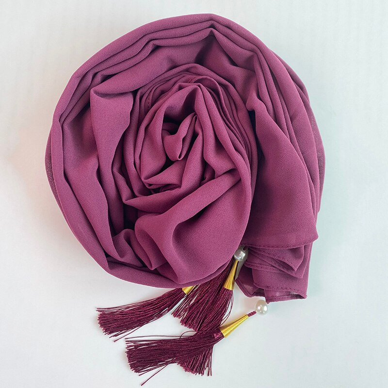1 Pc Bubble Chiffon Solider Kleur Sjaal Lange Soft Wrap Sjaal Sjaals Femme Bufandas Kralen Parels Hijaabs Kwastje Sjaal: color 16